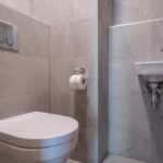 Moderná samostatná toaleta s umývadlom a elegantným sivým obkladom v apartmáne DaSus Luxury Tále.